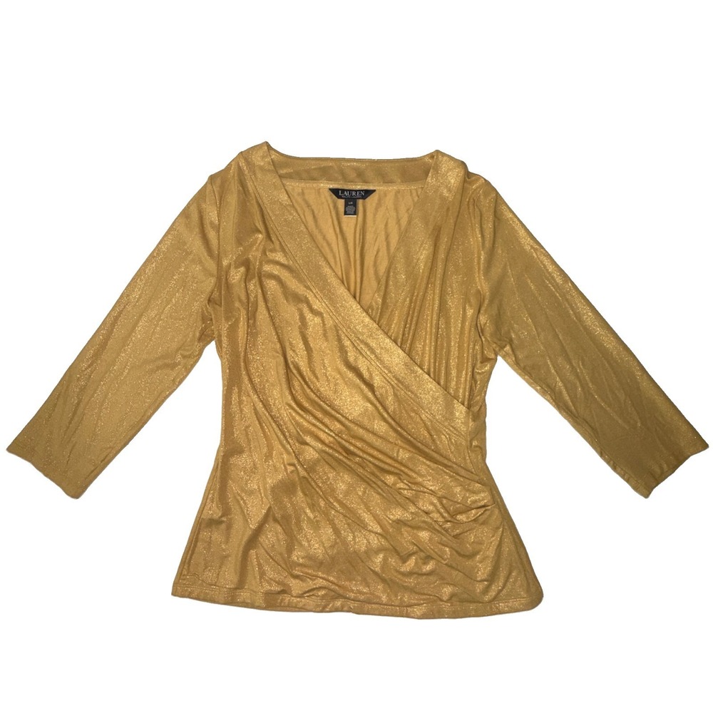 Lauren Ralph Lauren Womens L Gold Metallic Shimmer Faux Wrap Surplice Top CLEAN!